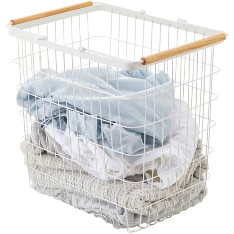 Cesto per biancheria in metallo bianco con manici in legno H38.5cm