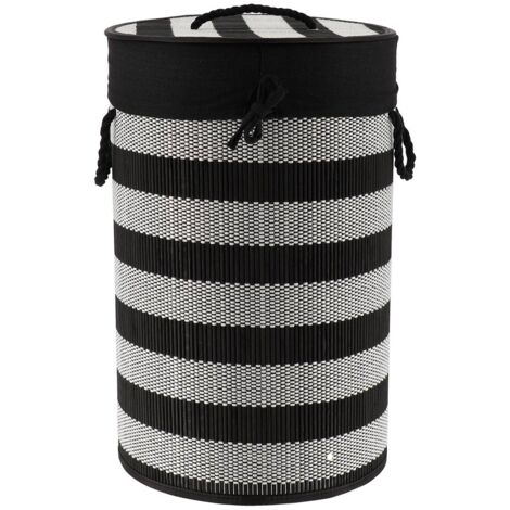 Cesto per biancheria pieghevole in bambù e cotone con coperchio - nero bianco - Tendance