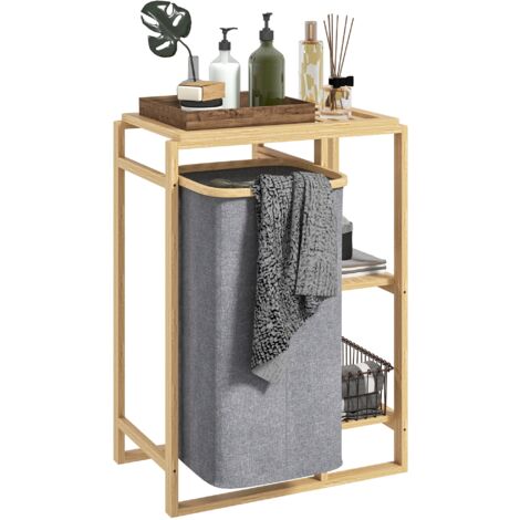 Cesto Portabiancheria 50x32x70 cm con Borsa Estraibile e Ripiano in Bambù Grigio