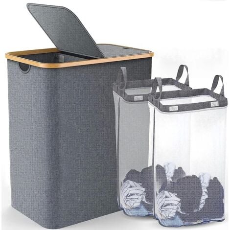 NECHE Cesto portabiancheria da 150 litri con coperchio a 2 scomparti, tessuto di bambù impermeabile, cestini portabiancheria, 57 x 37 x 70 cm, grigio