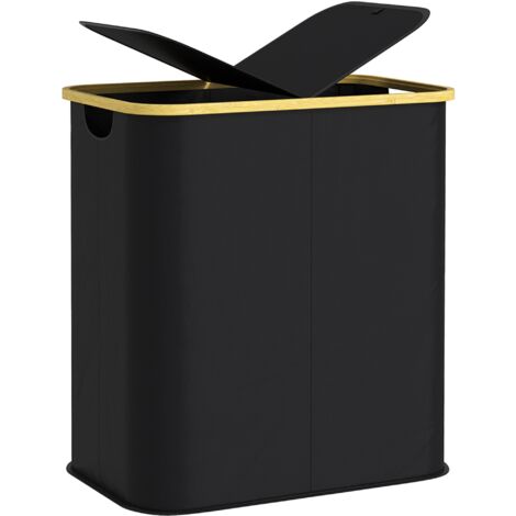Cesto Portabiancheria da 80L a 2 Sezioni con Coperchio 54x34x58,5 cm in Tessuto non Tessuto e Bambù Nero