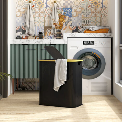 Cesto Portabiancheria da 80L a 2 Sezioni con Coperchio, Cesta Porta Biancheria in Tessuto non Tessuto e Bambù, 54x34x58.5 cm, Nero