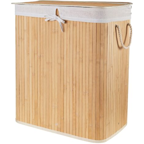Cesto portabiancheria pieghevole a 2 scomparti, fodera interna e coperchio, bambù e policotone, 52 x 32 x 63 cm, marrone naturale, RAN11555