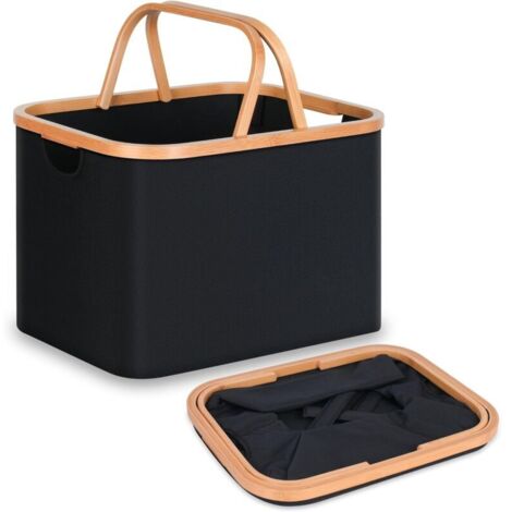 Cesto portabiancheria pieghevole da 43 litri, in tessuto di bambù, ideale per camera da letto e bagno (nero, con manico pieghevole)