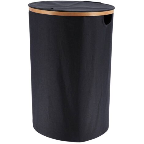 Cesto portabiancheria pieghevole rotondo con coperchio in poliestere e reggette in bambù - bambù nero - Tendance