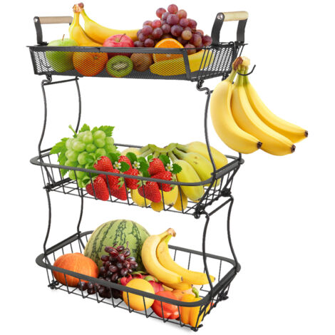 Cesto portafrutta a 3 ripiani con ganci per snack vegetali, nero