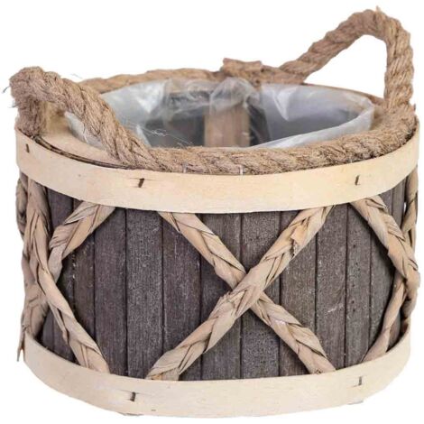 Cesto redondo de madera gris con asas 18x18x12h cm