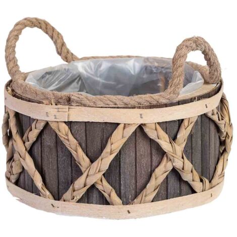 Cesto redondo de madera gris con asas 24x24x13h cm