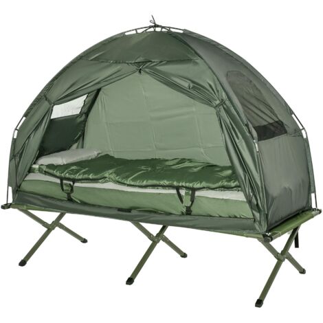 Cet ensemble de camping 4 en 1 comprend une tente, un sac de couchage et un matelas. Pliable et de couleur vert foncé, il est idéal pour les aventures en plein air.