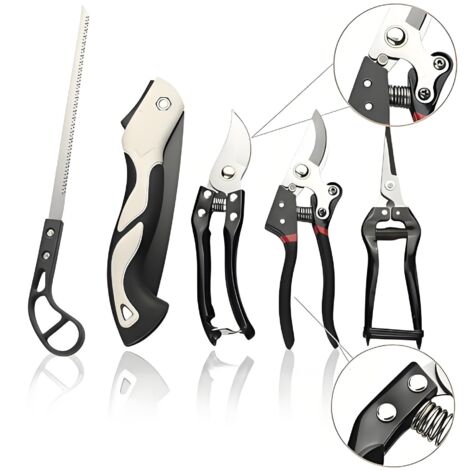 Cet ensemble d'outils de jardinage en cinq pièces comprend trois sécateurs et deux scies pliantes, tous équipés de lames tranchantes en acier inoxydable.