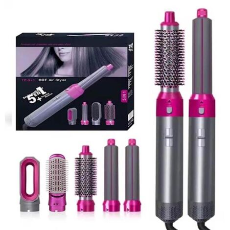 Cet outil de coiffure multifonctionnel 5 en 1 combine séchage au sèche-cheveux, lissage et bouclage dans une seule couleur grise.