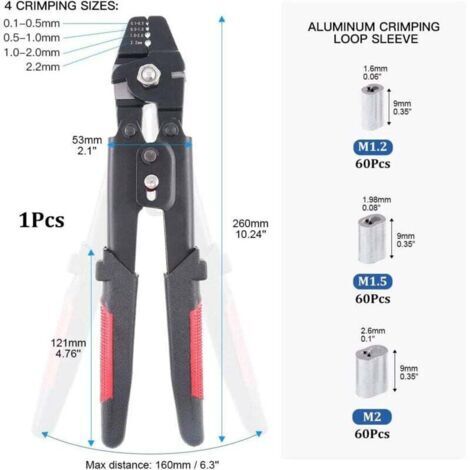 Cet outil est conçu pour sertir des câbles en acier jusqu'à 2,2 mm de diamètre et est équipé de 180 douilles à sertir en aluminium à double corps de tailles 1,2/1,5/2 mm.