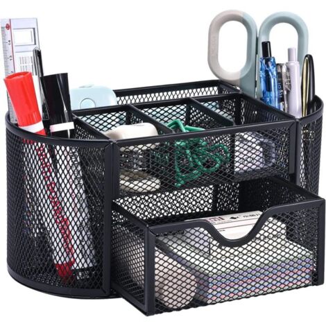 Cette boîte de rangement de bureau en métal ajouré est dotée d'un tiroir et d'un porte-stylo, idéale pour ranger stylos, post-it, agrafes, trombones et autres petits objets. Compacte et élégante, elle