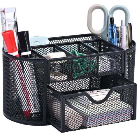 Cette boîte de rangement de bureau en métal ajouré est dotée d'un tiroir et d'un porte-stylo, idéale pour ranger stylos, post-it, agrafes, trombones et autres petits objets. Compacte et élégante, elle