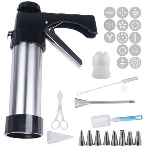 Cette machine à pâtisserie en acier inoxydable est fournie avec 13 moules et 9 embouts pour presser la pâte. Son format portable la rend idéale pour réaliser soi-même biscuits et gâteaux. Accessoires 