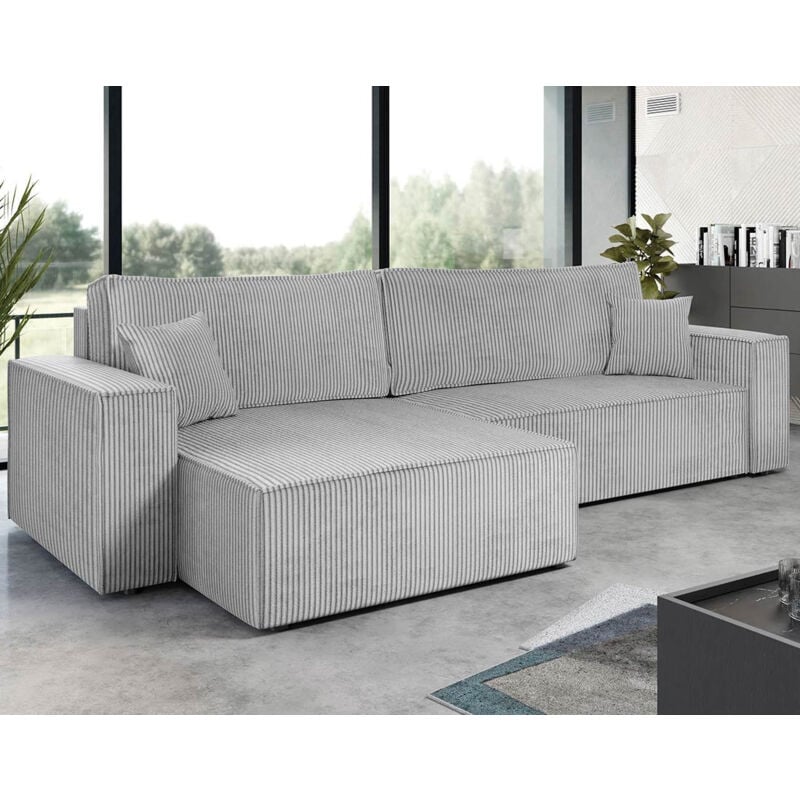 Bestmobilier - Cezanne - canapé d'angle réversible 5 places convertible avec coffre en velours côtelé - gris clair