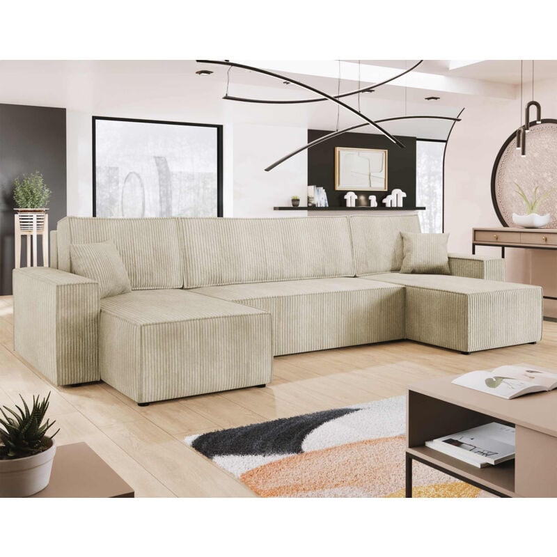 Bestmobilier - Cezanne - canapé panoramique en u - 7 places - convertible avec coffre - en velours côtelé - beige