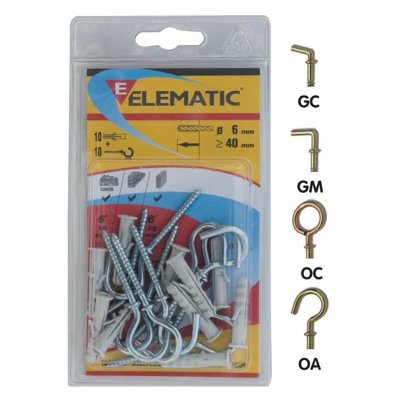 Image of Elematic - cf 10 pz tasselli eb/gc 6x30 mm tassello in nylon con vite gancio