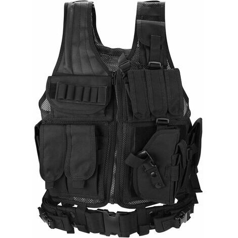 CFGTVB Gilet Tactique Militaire Mesh, Veste de Combat avec Ceinture pour Airsoft Jeu CS Militaire-Noir