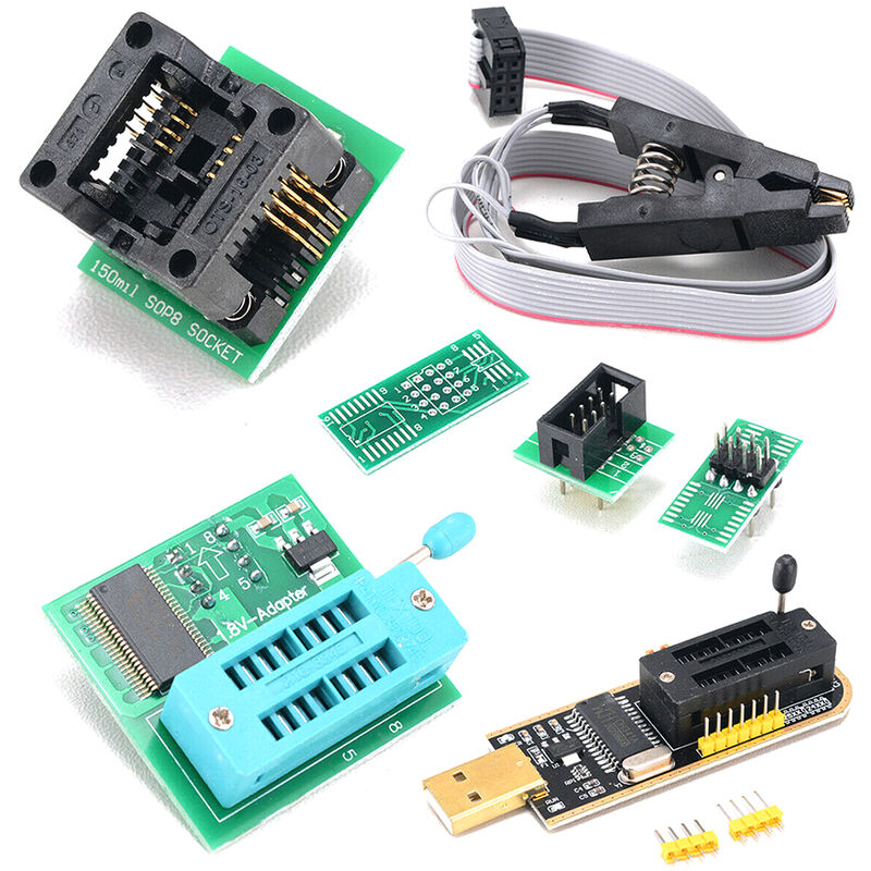 

CH341A Kit de programador USB con SOP8 Clip EEPROM Quemador BIOS Flasher SPI Flash Kit de programador con adaptador de 1.8V y enchufe SOP8 de 150 mil