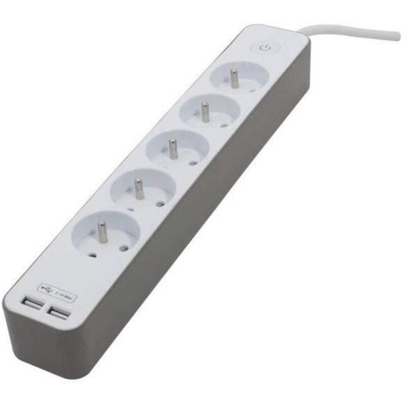 Bloc multiprise 5 prises 16 a avec 2 ports usb et cable 1,5 m HO5VV-F 3x1,5 mm2 blanc et brun - Chacon