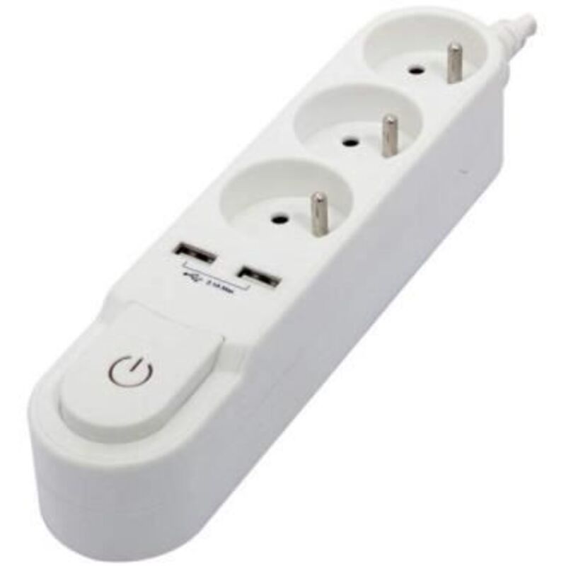 Bloc multiprise avec interrupteur 3 prises 16 a et 2 sorties usb 2 a, câble 1,5 m blanc 47312 - Chacon