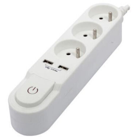 CHACON Bloc multiprise avec interrupteur 3 prises 16 A et 2 sorties USB 2 A, cable 3 m