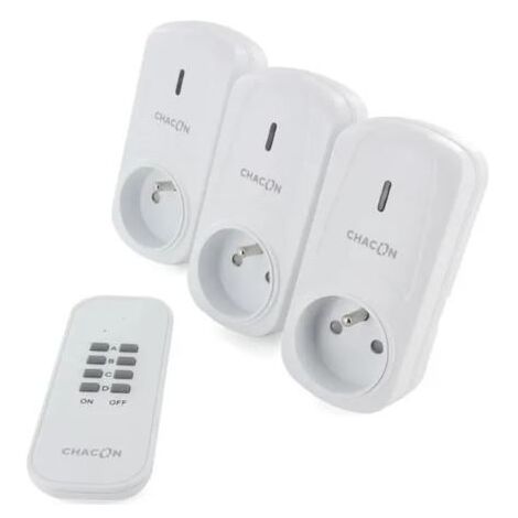 Chacon – Set de 3 prises On/Off avec télécommande 2000W – Portée 30m – Alimentation sans fil – Installation rapide et facile