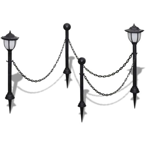 Chain Fence with Solar Lights Two LED Lamps Two Poles vidaXL