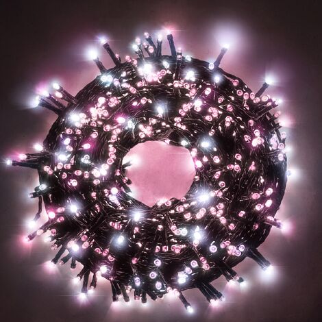 Chaine a' cordes Luccika Home se'rie 9 mt de 180 lumie'res de sapin de Noel a' led blanc glace et rose cable vert 31V avec 8 jeux de lumie're et me'moire IP44 pour une utilisation en inte'rieur et en 