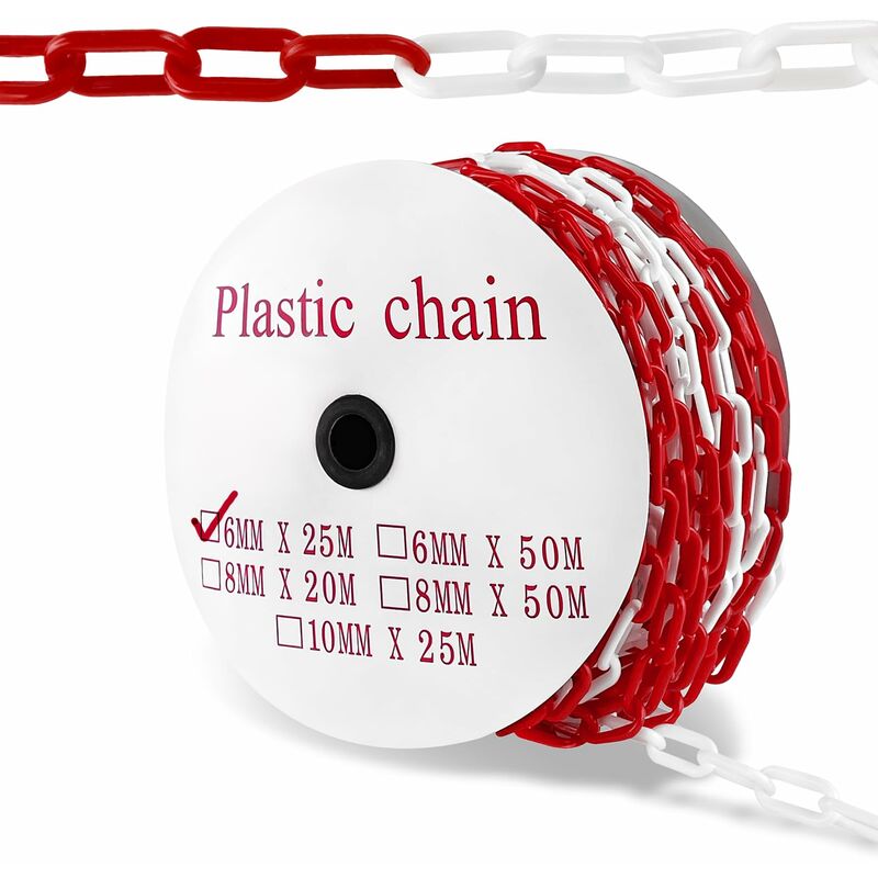 Chaîne de barrière de 25 m, chaîne en plastique rouge et blanc, chaîne d'avertissement en plastique de 6 mm d'épaisseur, chaîne de sécurité de