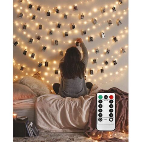 Chaîne de clips de suspension pour photos, 50 LED 17 pieds, guirlande lumineuse 8 modes avec clips pour photos, avec fonction à distance pour photos, cartes photos