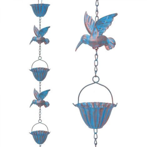 Chaîne de pluie de 2,4m avec colibris – Chaîne en métal bleu rétro, 7 oiseaux et 7 tasses pour gouttières, décoration de jardin