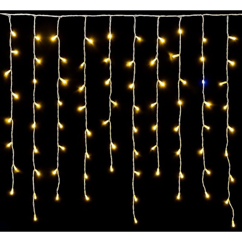 Rideau lumineux LED ETTROIT 120, 3 m, lumière jaune, câble blanc, IP65, extensible, effet flash, avec fils suspendus de longueurs alternées
