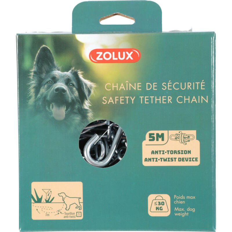 Chaîne de sécurité en acier 5 mètres maillon anti torsion pour chien poids max 30 kg Zolux
