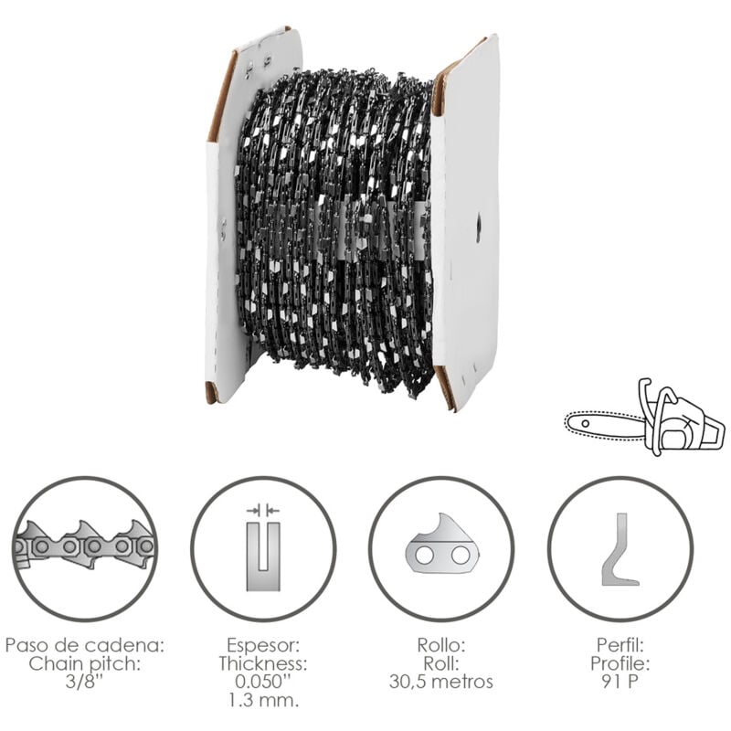 Cadena Motosierra 3/8' / 0.050' 1,3 mm. / 91 p / Rollo 30,5 metros.