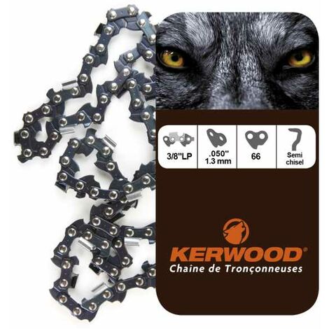 Chaîne Kerwood pour tronçonneuse 3/8" LP 1,3 mm. 66 maillons. Gouge profil demi carré