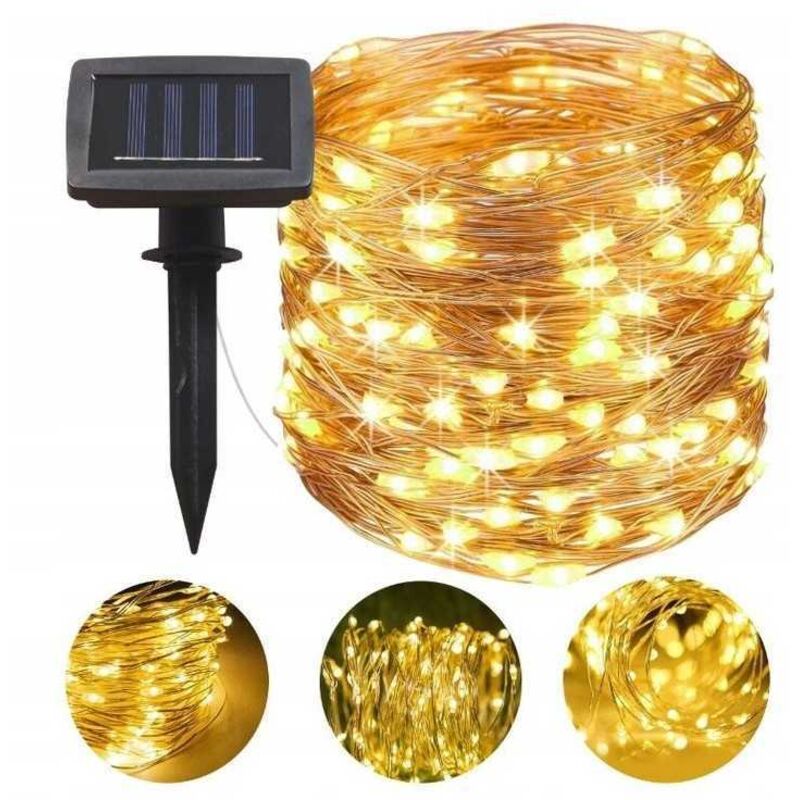 Lampesecoenergie – Guirlande solaire 100 LED blanc chaud – Longueur 1190 cm – Éclairage automatique avec capteur crépusculaire – Classe IP44