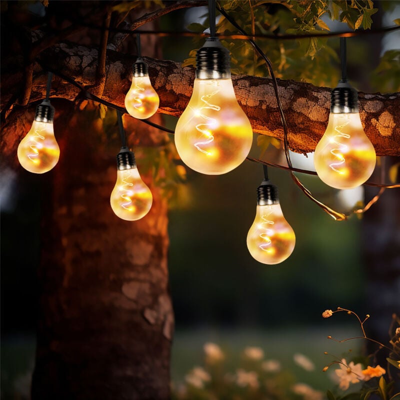 Lampe solaire à led Chaîne lumineuse filament ampoules extérieur Chaîne lumineuse solaire, piquet de terre 2 modes, 20x led blanc chaud, l 380 cm