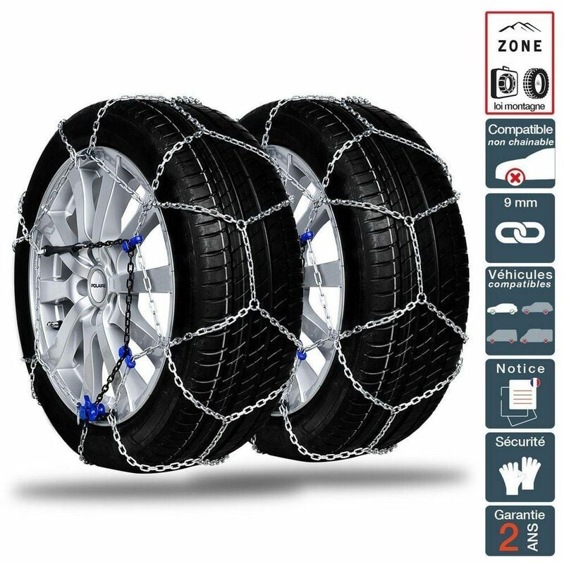 Chaine neige 9mm pneu 175/80R14 montage rapide sécurité garantie - Argent