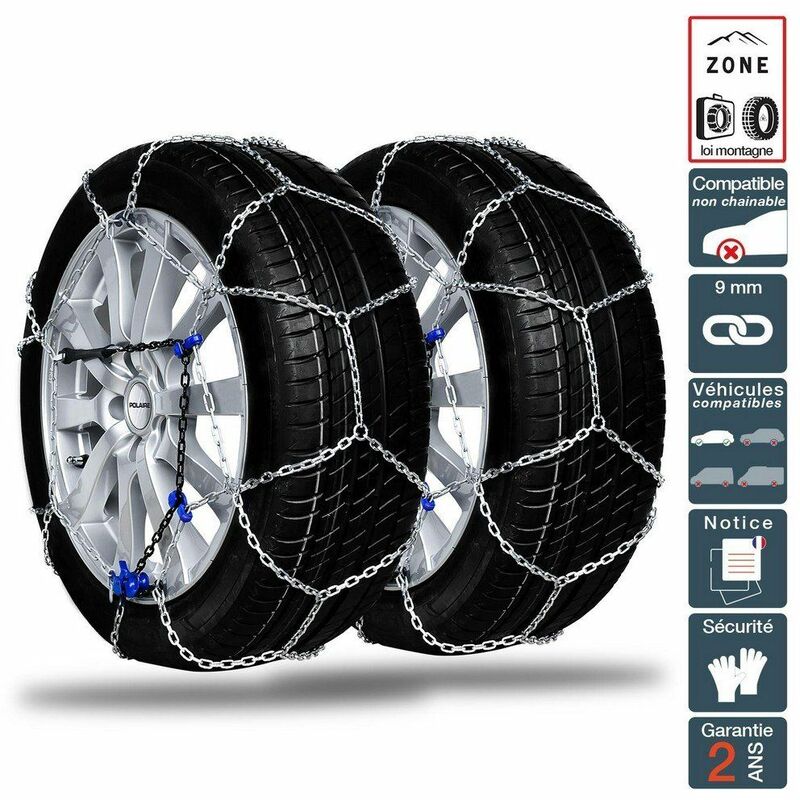 Polaire - Chaine neige 9mm pneu 195/70R15 montage rapide sécurité garantie - Argent