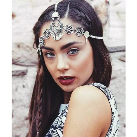 Chaîne tête de bohème avec chaînes et disques en argent pour danse, festival, mariage, danseuse du ventre, bijoux pour femmes et filles.