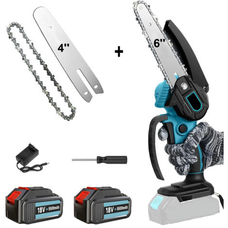 Chainsaw accessories,6 inch & 4 inch 2 in 1 Mini Cordless Chainsaw Electric One-Hand Saw Wood Cutter，with 4'' & 6“ guide bars & Chains,2x Battery 5.5Ah+Charger,Compatible with Makita Battery