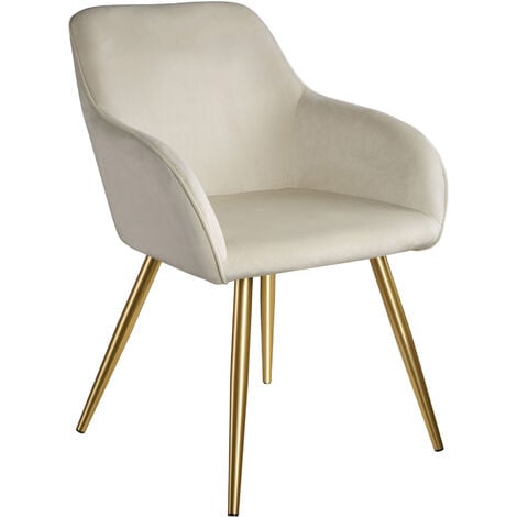 Chair Marilyn - with armrests, padded, velvet look, golden steel legs - office chair, desk chair, dining chair - cream/gold