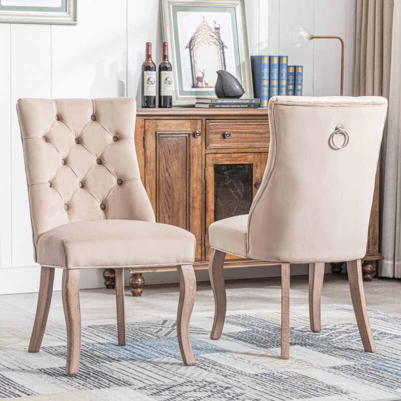 Chaise 4 pieds, chaise de salle à manger en velours beige, dossier haut, avec matelassage à boutons, structure en bois massif, beige, (set, 2 pièces)