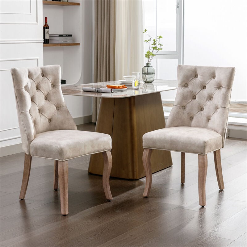 Fortuna Lai - Lot de 2 chaises de salle à manger, dossier haut, avec piqûre de bouton, structure en bois massif, 97x51x47cm beige clair