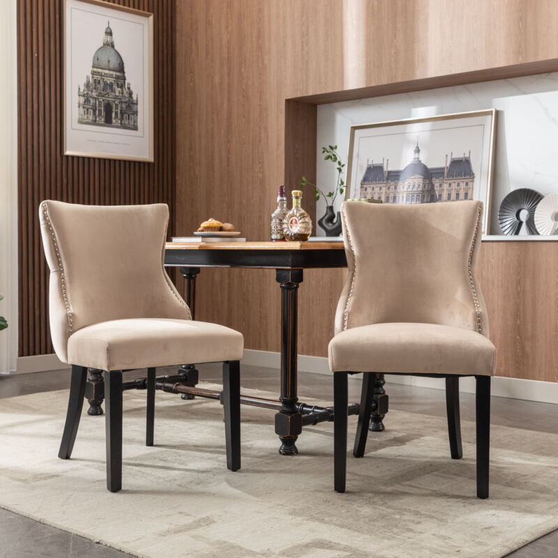 Okwish - Chaise à 4 pieds, chaise de salle à manger en velours beige, avec matelassage à boutons, structure en bois massif, beige (set, 2 pièces)