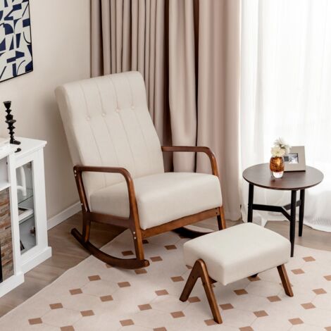 Chaise à Bascule avec Ottoman en Tissu Rembourré avec Cadre en Bois D'hévéa Massif et Coussin Rembourré Capitonné Repose-pieds Beige CW6640 DESIGN IN