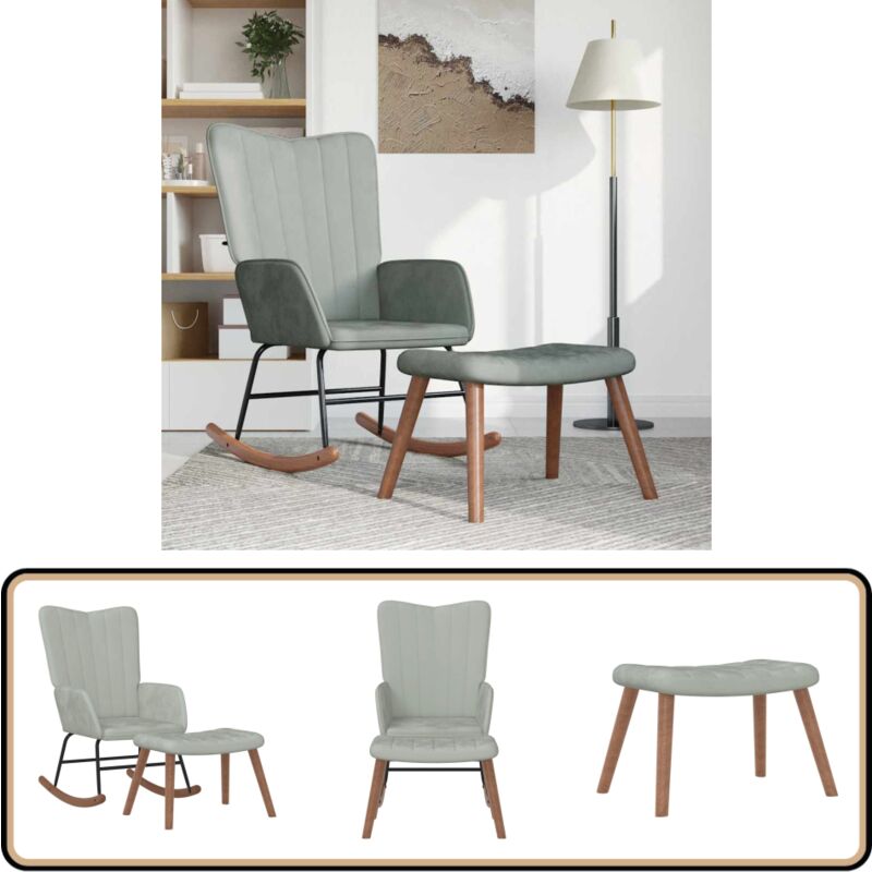 Chaise à bascule avec repose-pied Gris clair Velours - Chaise à Bascule - Chaise Relaxante - Fauteuil à Bascule - Mobilier De Jardin - Chaise