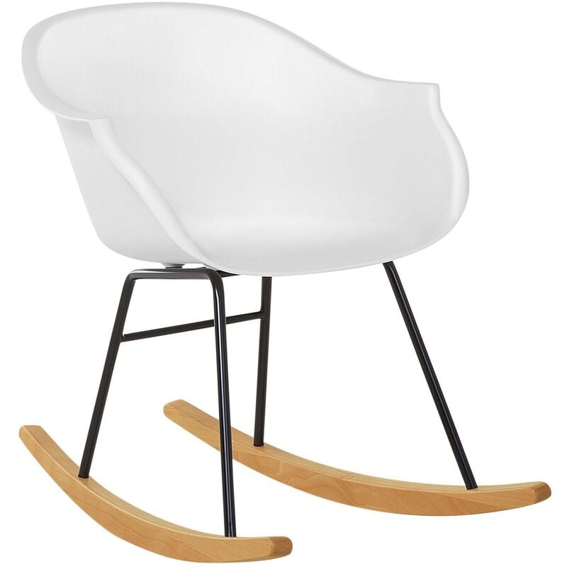 Beliani - Petit Fauteuil Chaise à Bascule Assise en Plastique Blanc et Pieds en Bois Design Rétro Scandinave pour Salon au Style Nordique Moderne